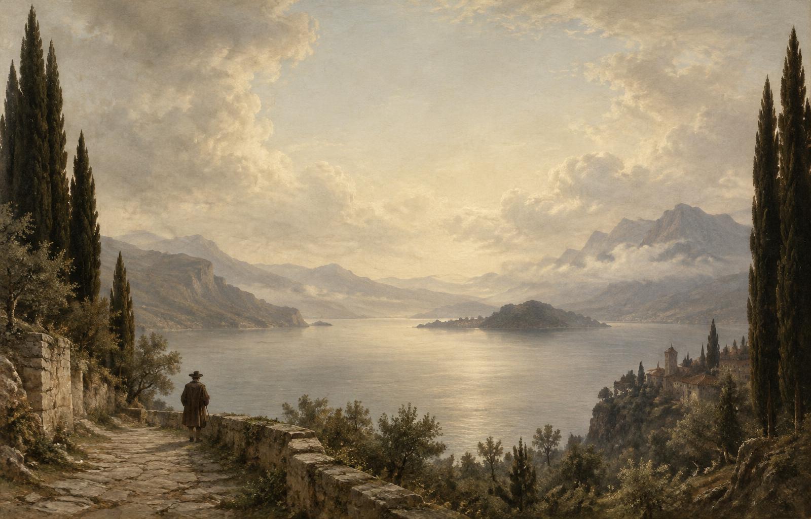 A solitary figure contemplating a quiet lake beneath an expansive sky, in an antique-style landscape painting